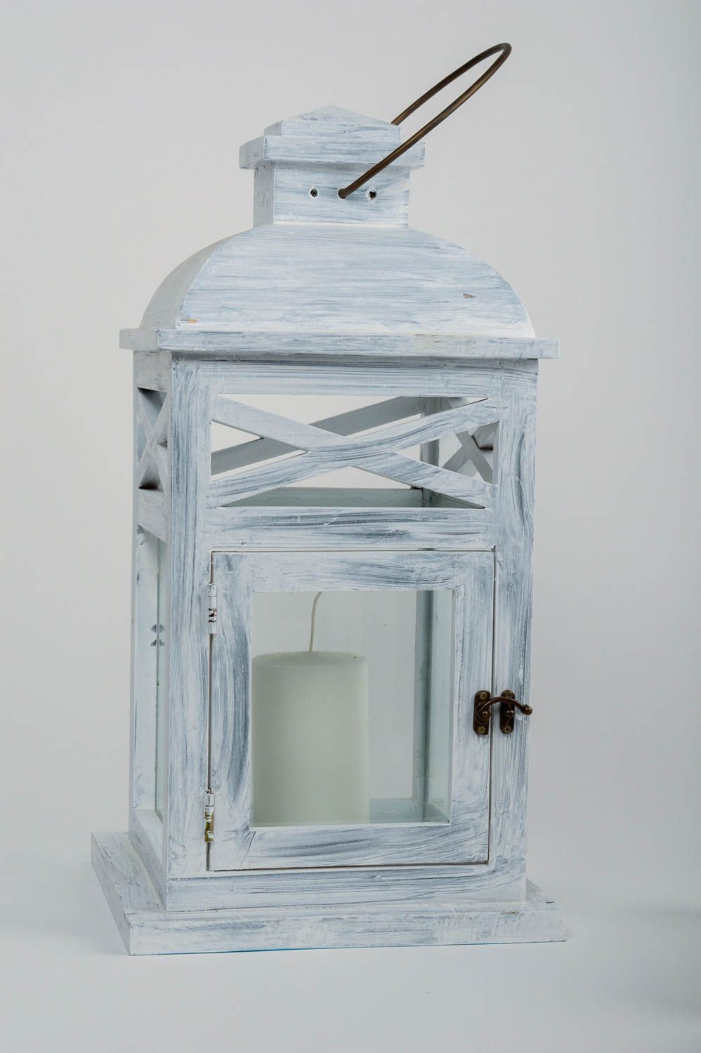 Farol de madera pequeño para vela con cristal colgante artesanal  foto 4