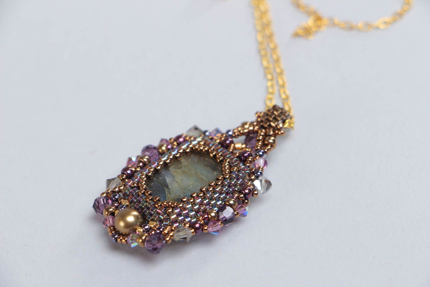Beautiful braided beaded pendant on a chain with labradorite evening accessory photo 4