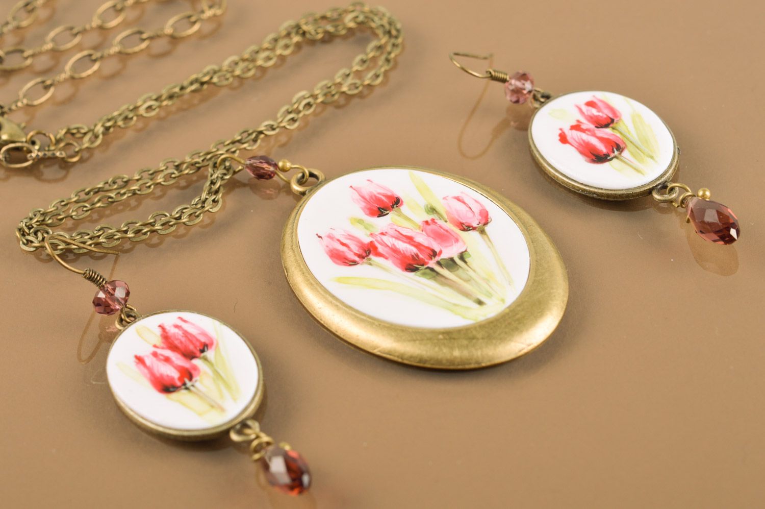 Handmade metal jewelry set with miniature painting 2 items pendant and earrings Tulips photo 4