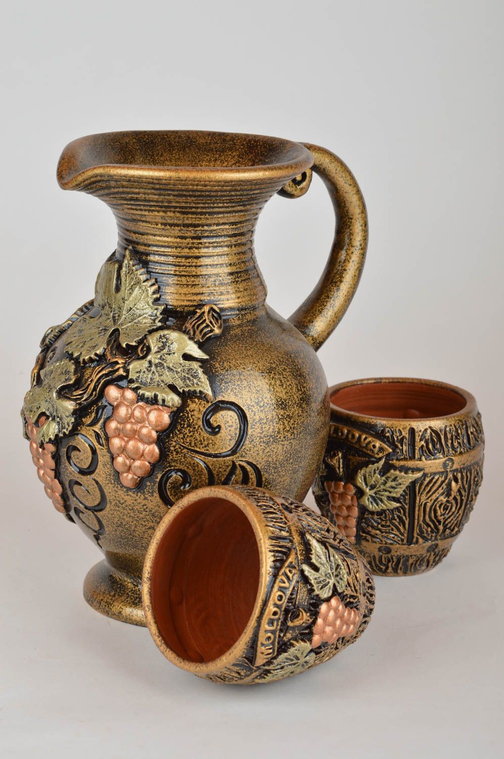 Cruche et gobelets en céramique bruns faits main peints 2 L et 20 cl 3 pièces  photo 5
