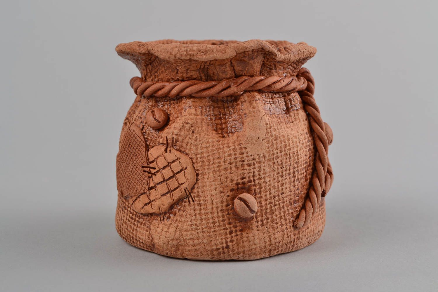 Sucrier en argile fait main design original brun en forme de sac de jute photo 4