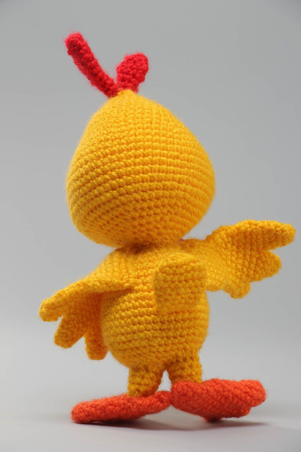 Handmade soft toy crocheted of acrylic threads in the shape of yellow chicken photo 4