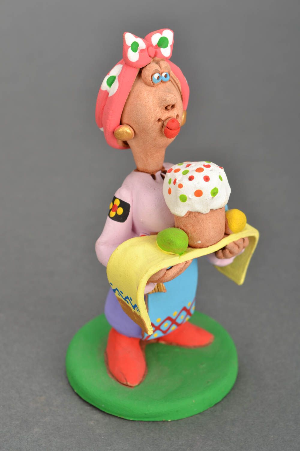 Homemade clay statuette Woman with Easter Cake photo 3