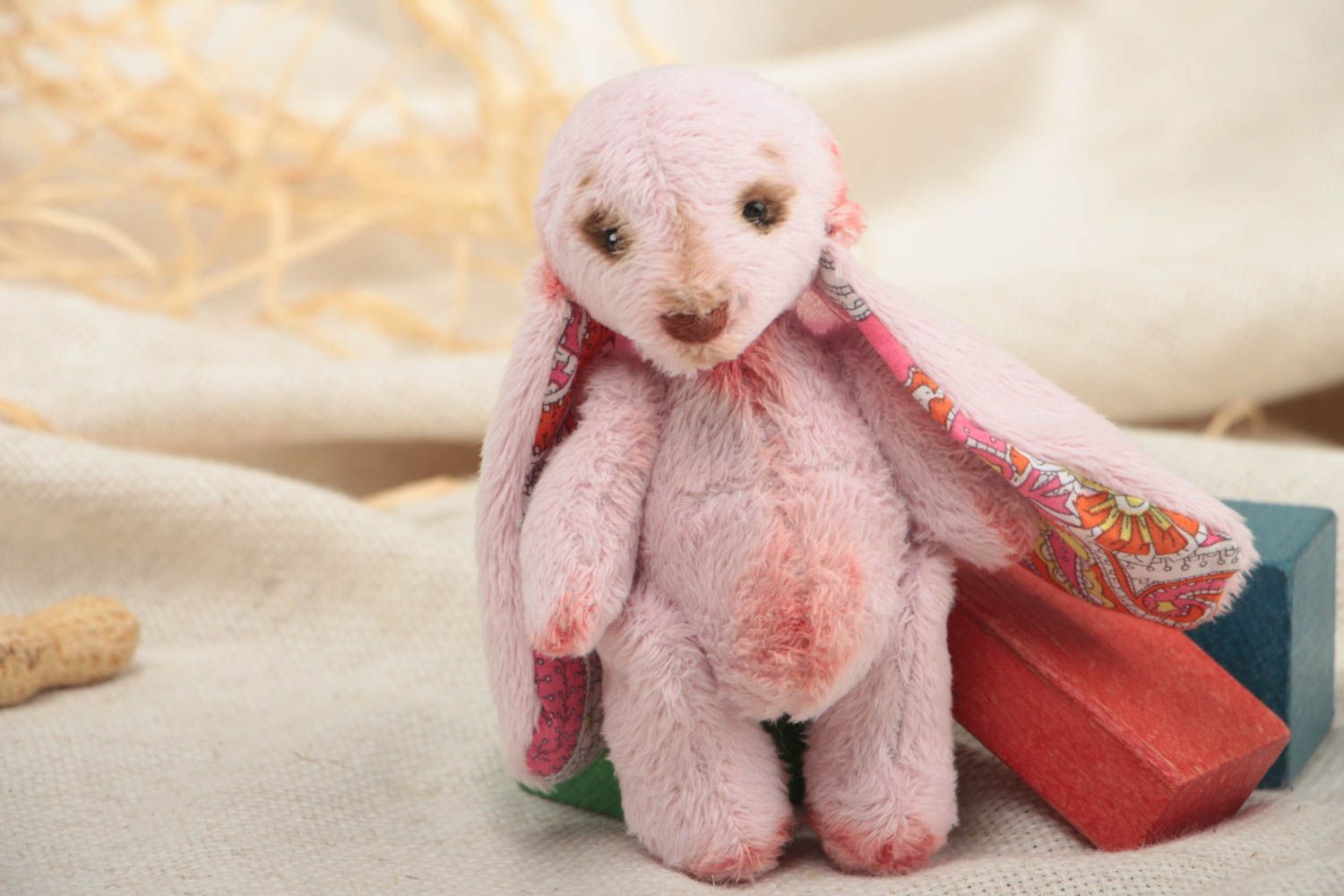 Small unique soft handmade rabbit toy made of cotton and imitation fur photo 1