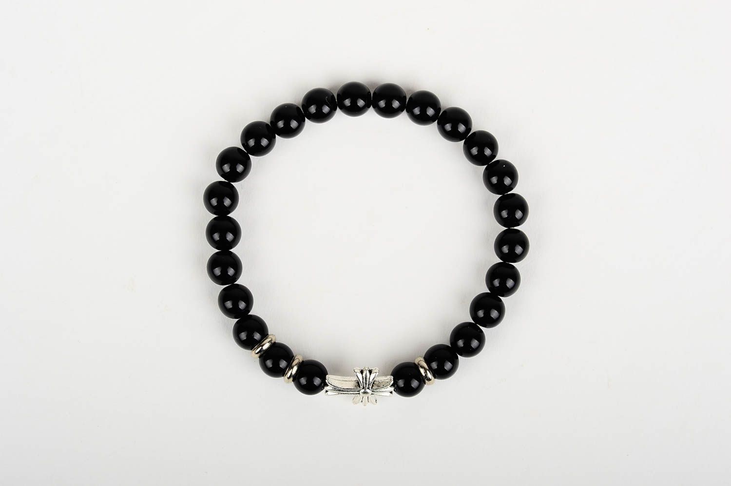 Metal cross and black beads unisex bracelet on an elastic string. Great gift for women photo 1