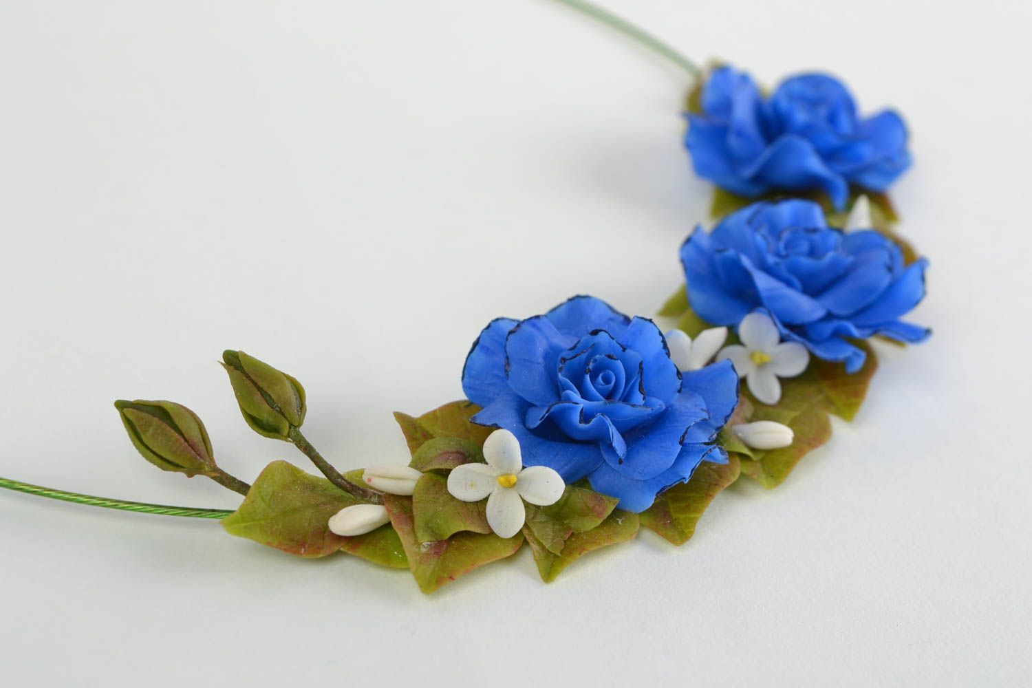 Necklace made of cold porcelain Blue Roses handmade beautiful tender accessory photo 3