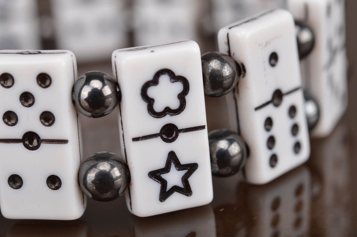 Handmade stylish bracelet made of beads black and white in shape of dominoes photo 4