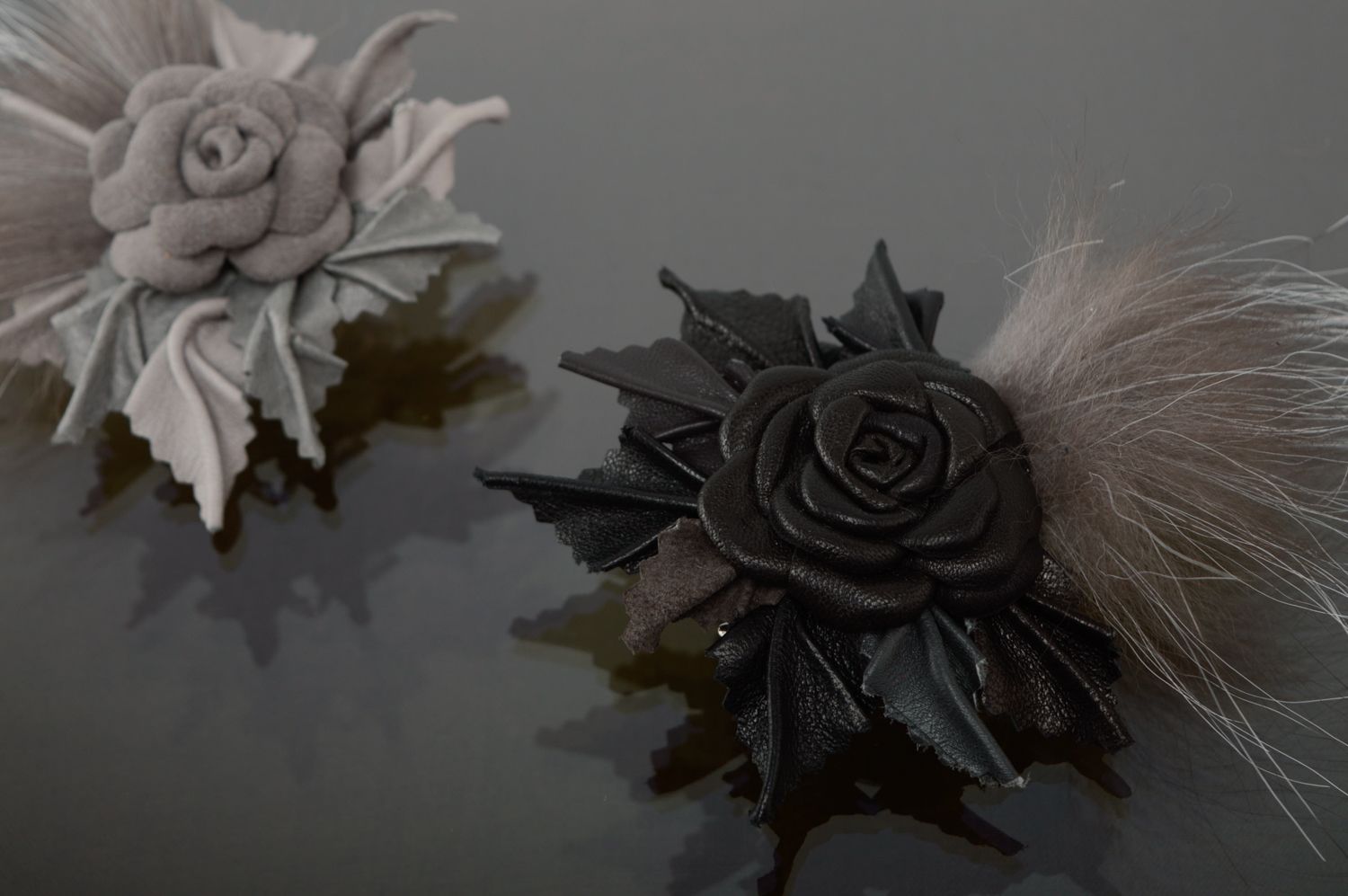 Handmade leather and fur brooch-hair clip Rose photo 5