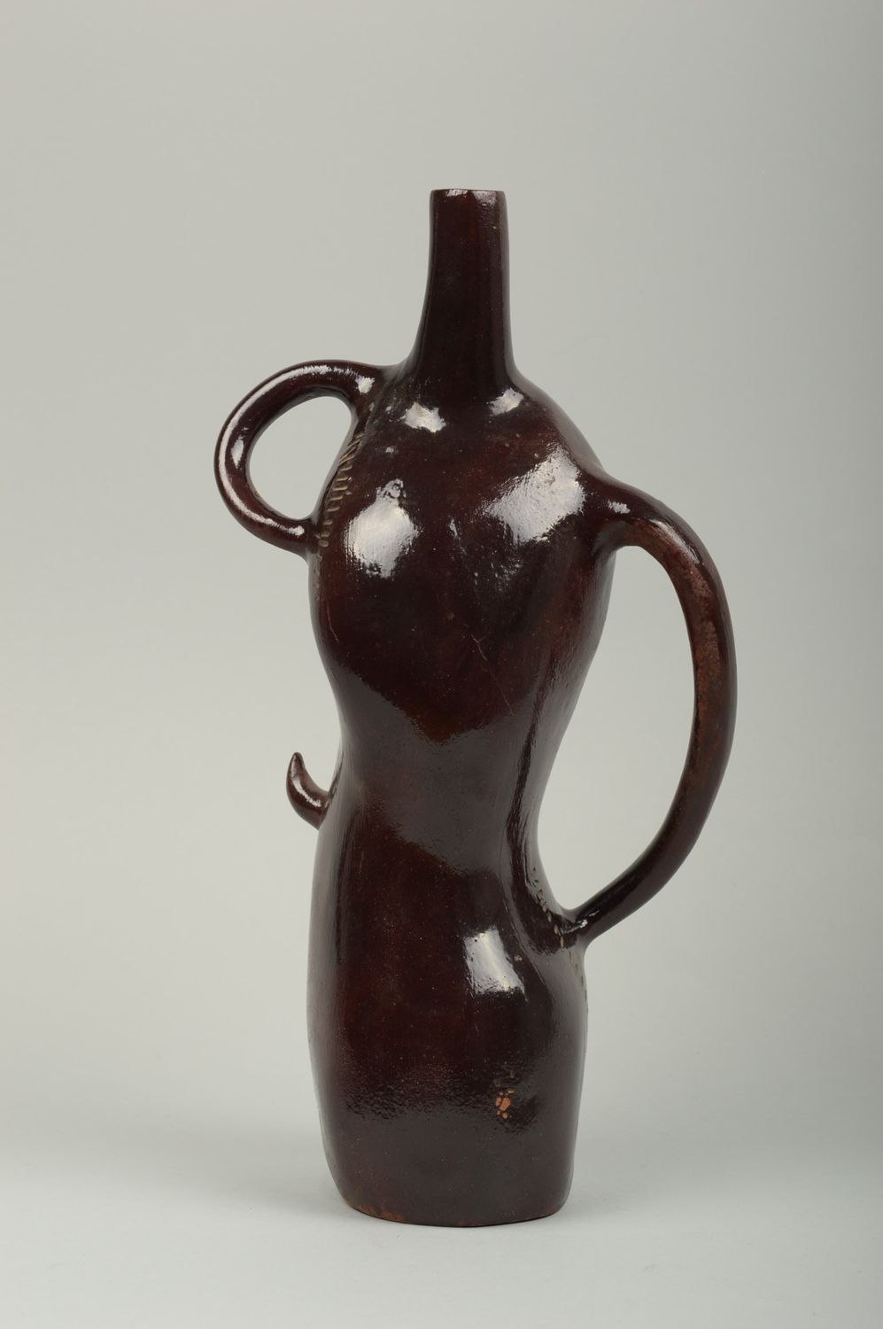 Глиняная бутылка посуда ручной работы керамическая бутылка коричневая с блеском фото 6