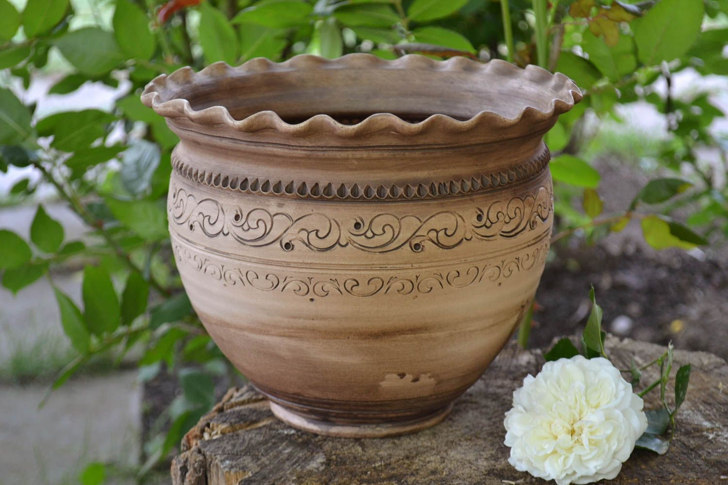 Big handmade clay bowl for baking with ornament 5 liters photo 1