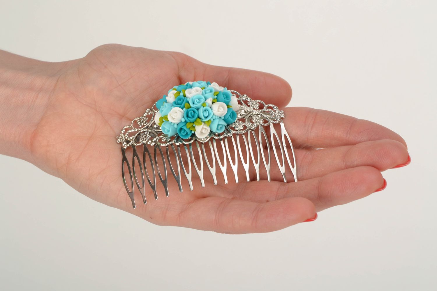 Metal hair comb with polymer clay flowers photo 2