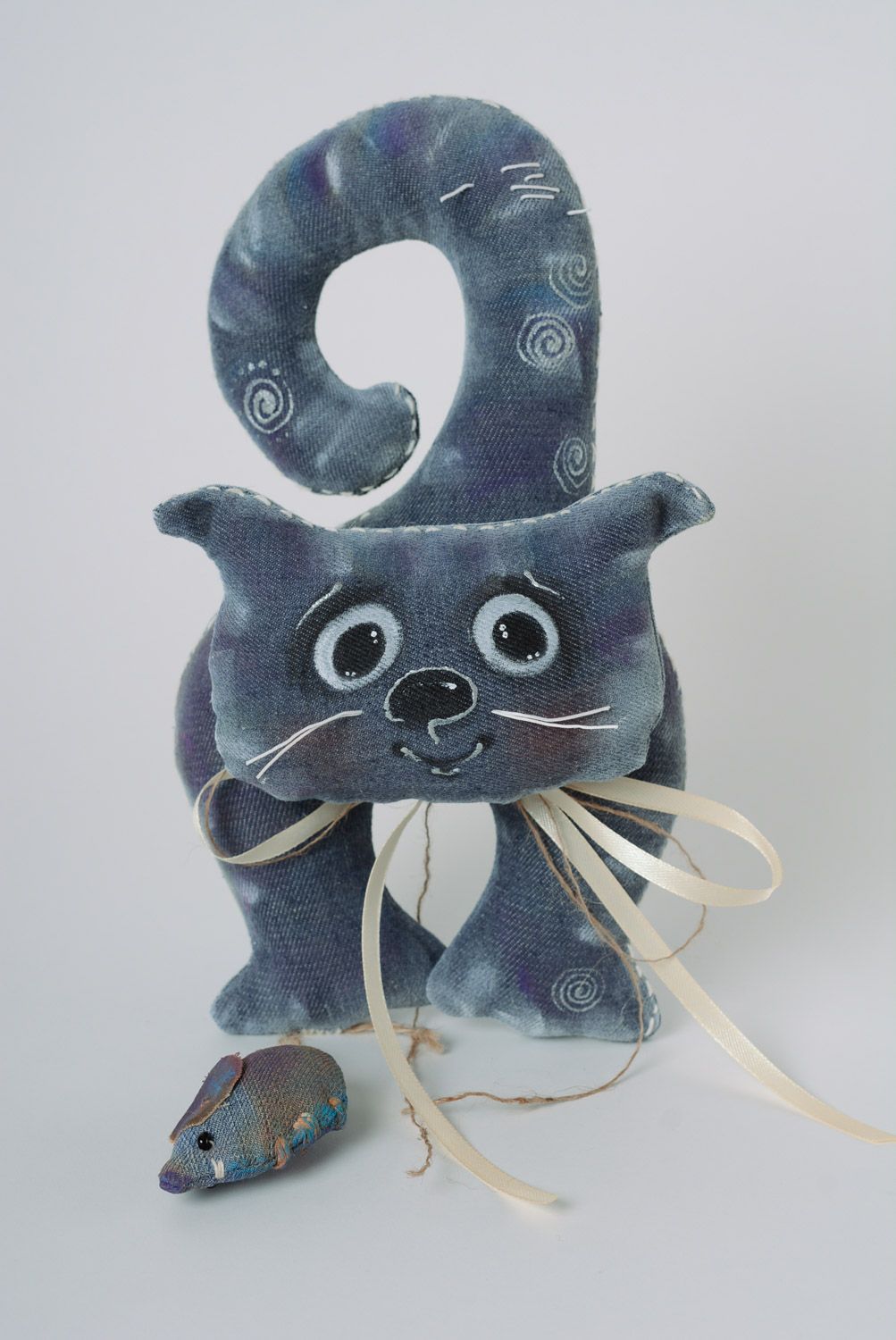 Handmade fabric soft toy cat with mouse for home interior decor photo 1