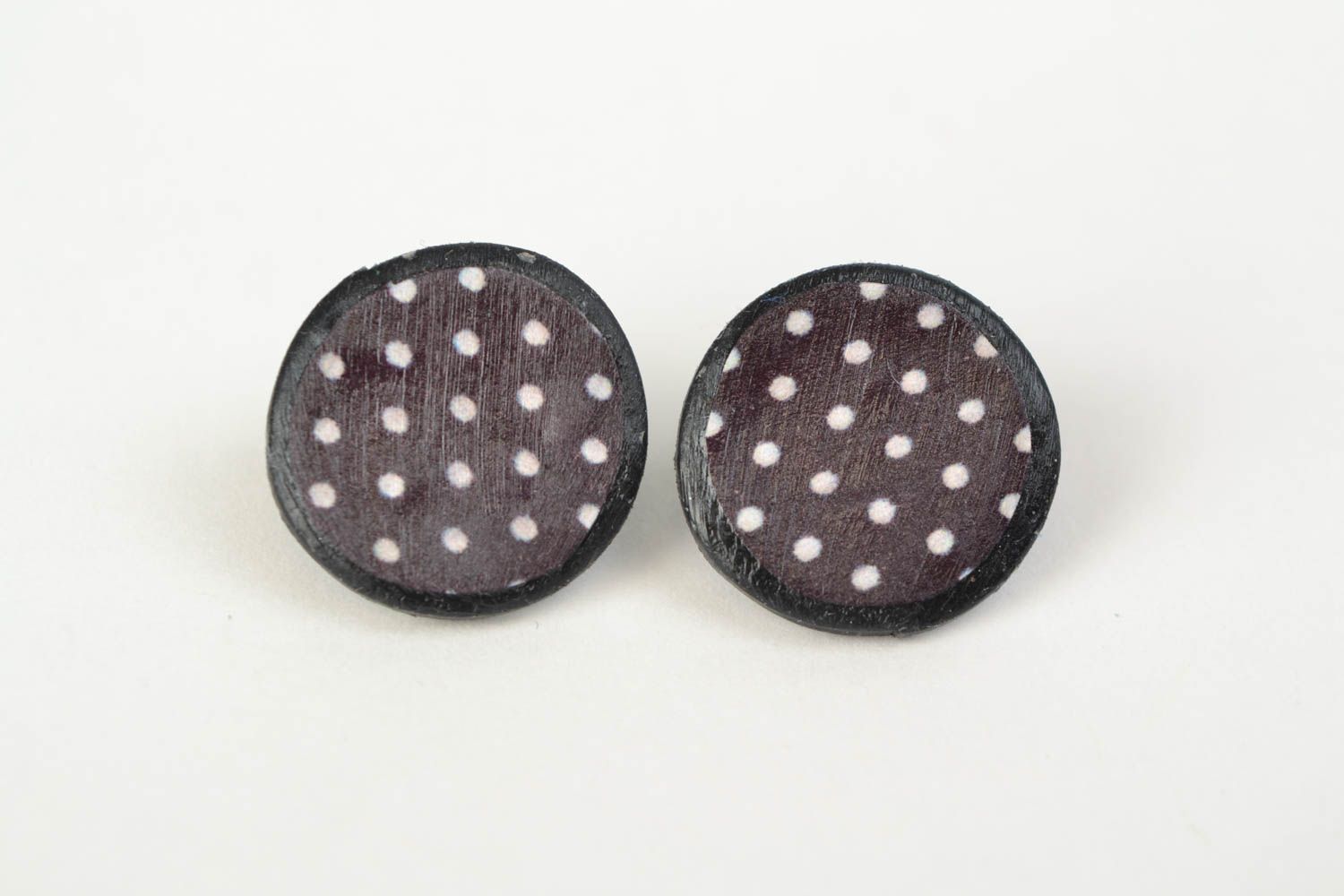 Stylish handmade polymer clay stud earrings of brown color with white polka dot pattern photo 1
