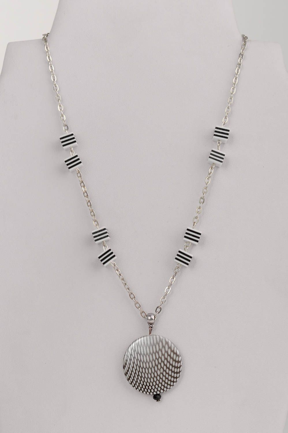 Beautiful handmade designer striped polymer clay bead necklace on chain photo 1