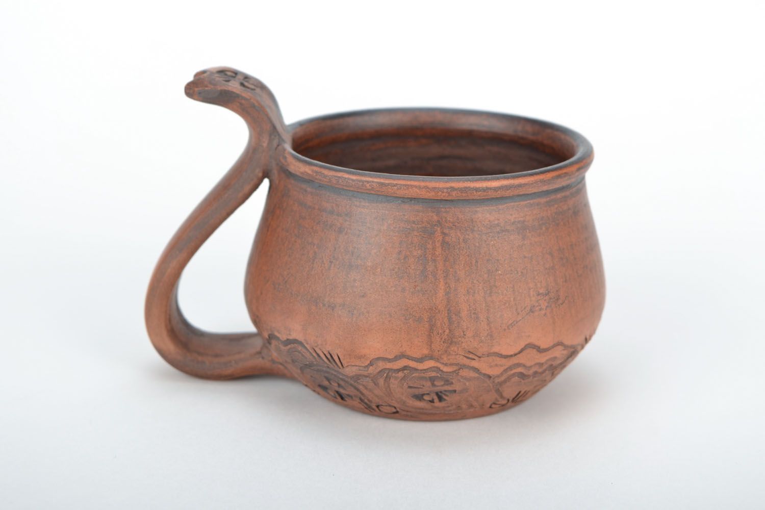 Art clay handmade brown pot-shape drinking cup with handle and rustic pattern photo 3