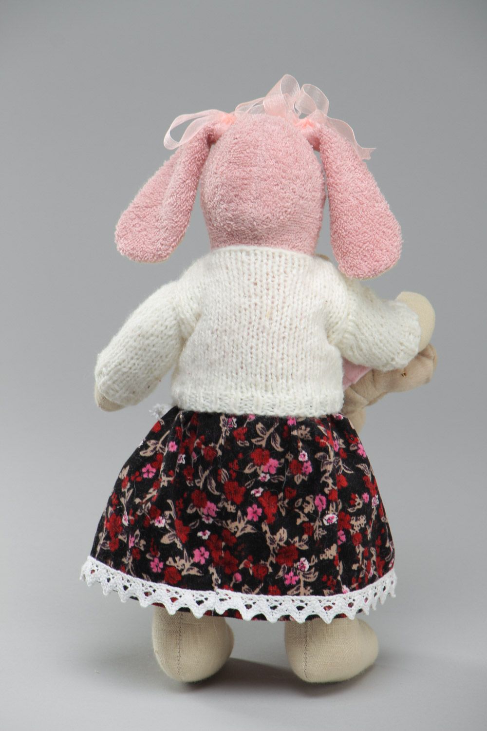 Cute handmade soft toy sewn of linen Lamb in knit sweater with bear toy photo 4