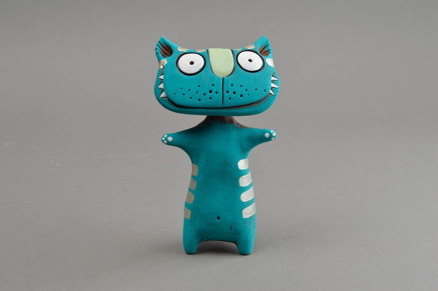 Keramische Statuette Katze gestreift schön grell handgemacht für Interieur toll foto 2