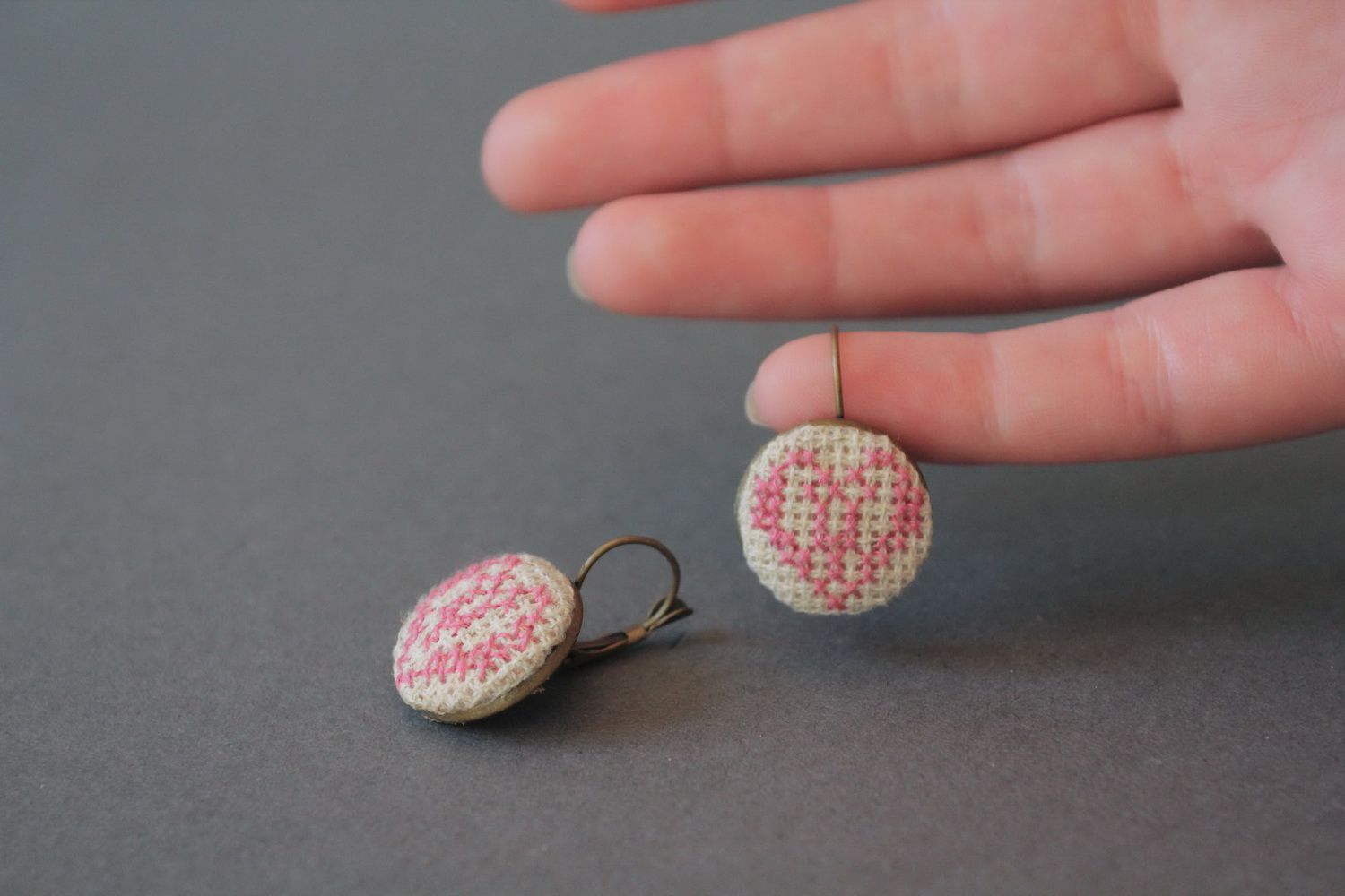 Earrings with metal basis decorated with embroidery photo 5