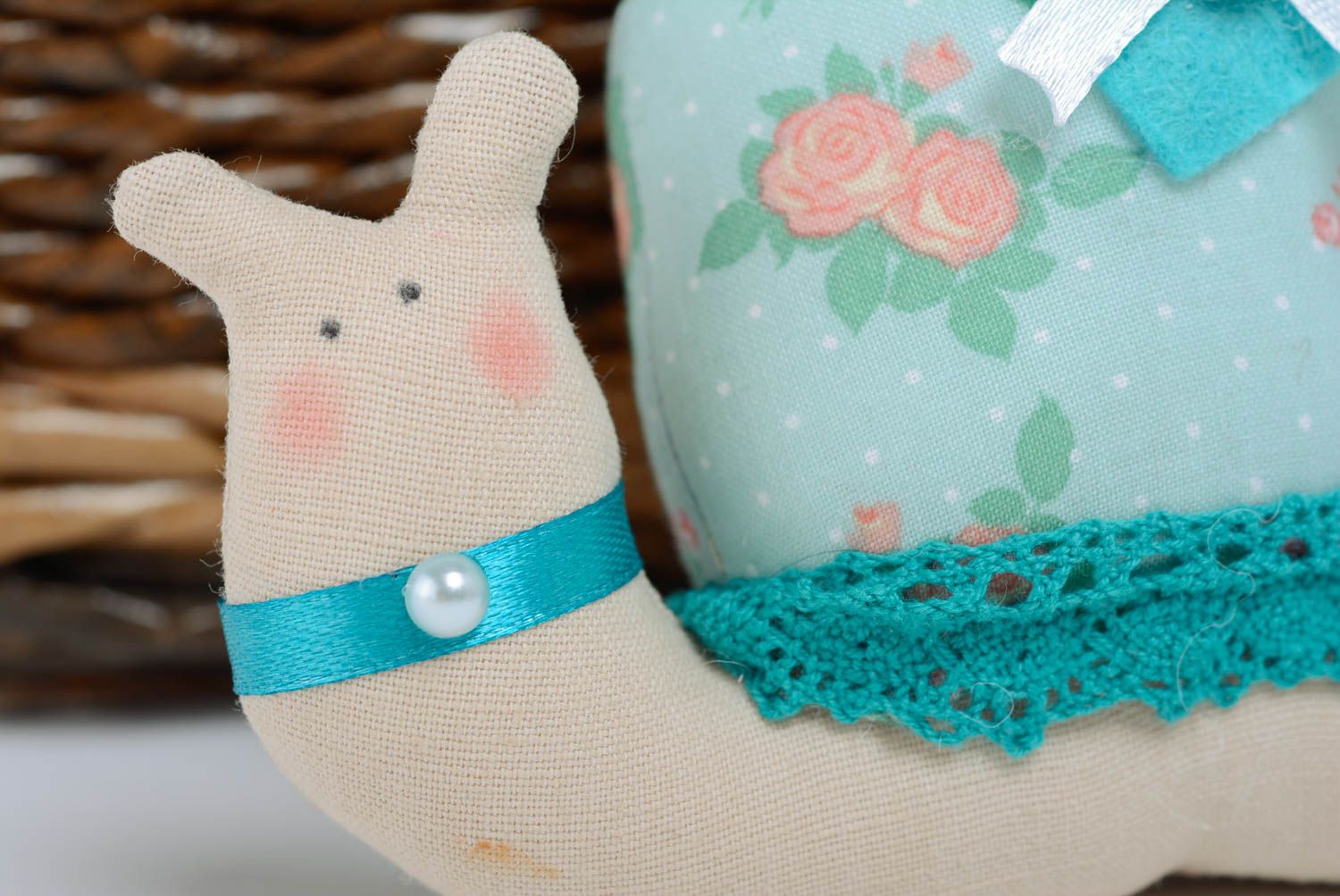 Fabric toy in the form of a blue snail beautiful handmade interior decor element photo 2