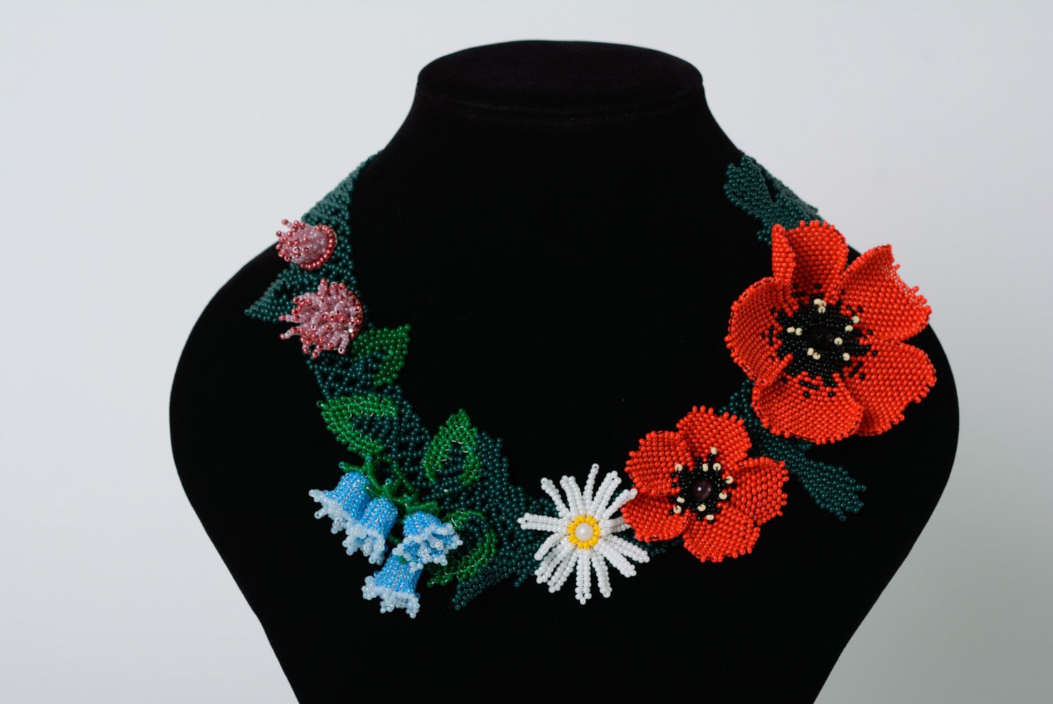 Bright colorful volume necklace woven of seed beads with flowers for women photo 1