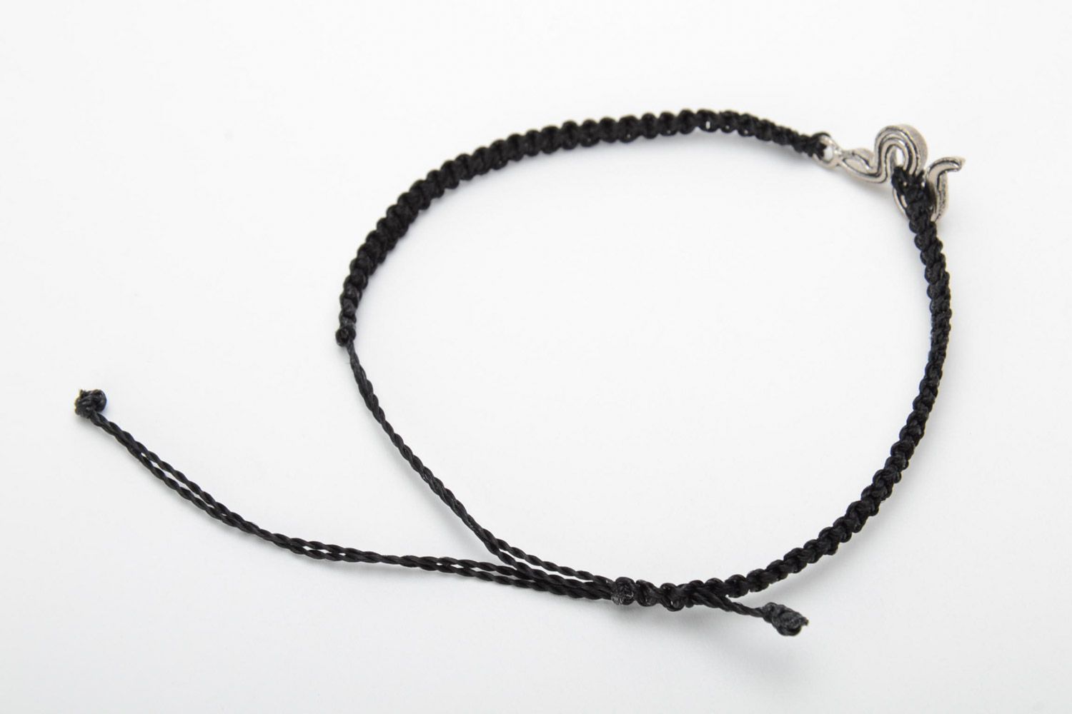 Handmade black macrame woven bracelet with metal snake charm for women photo 4