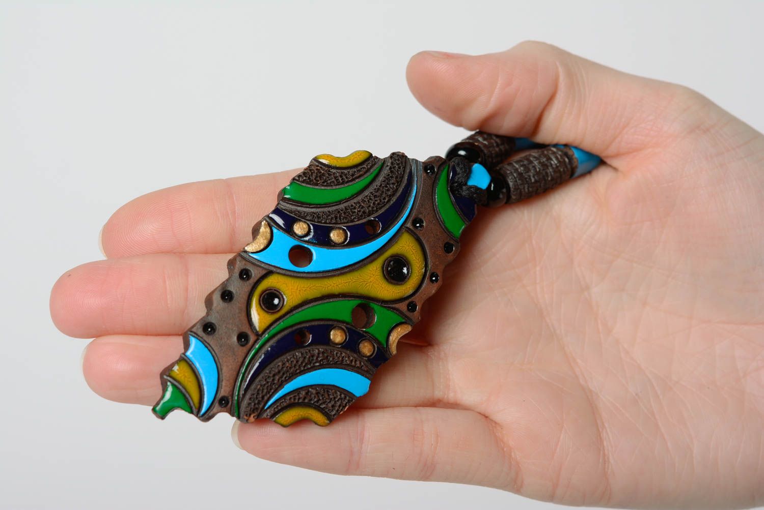 Handmade designer clay pendant painted with bright enamel stylish accessory photo 3