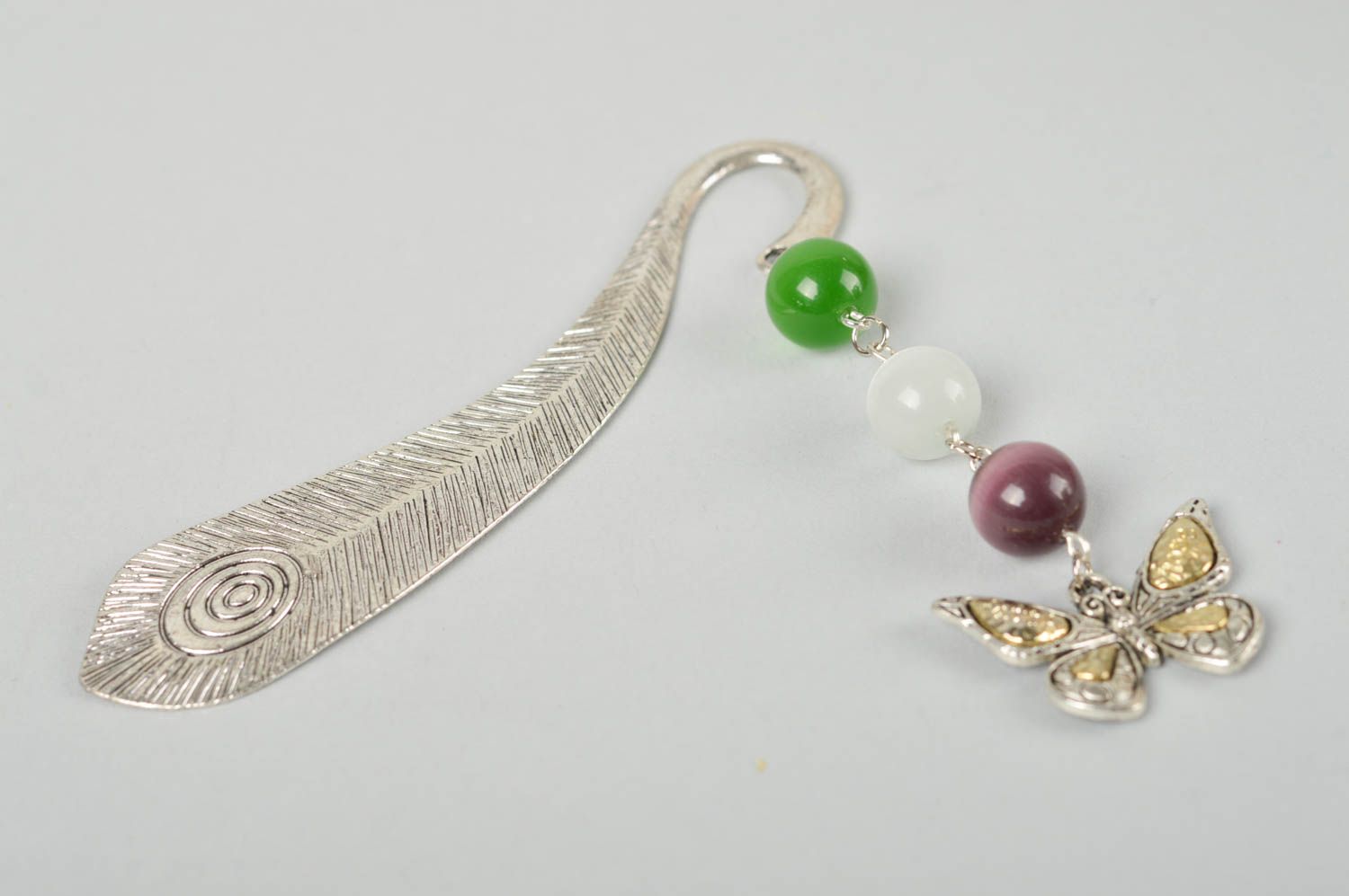 Marque-page métal fait main Accessoire livre plume perles céramiques Idée cadeau photo 2
