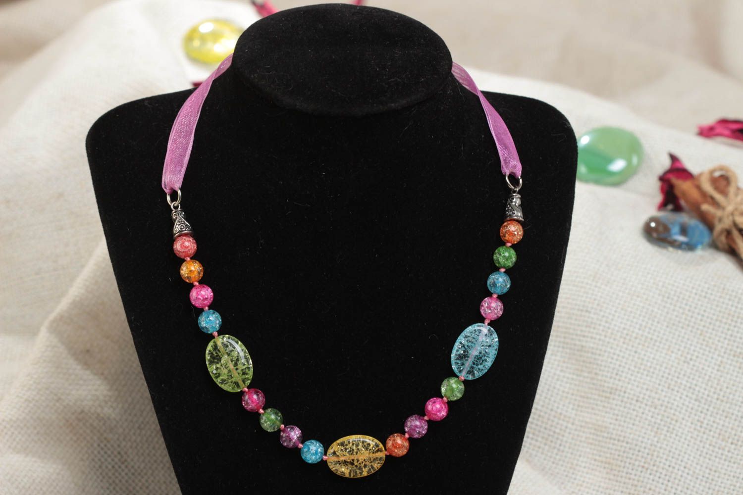 Handmade bright children's design glass bead necklace with ribbon photo 1