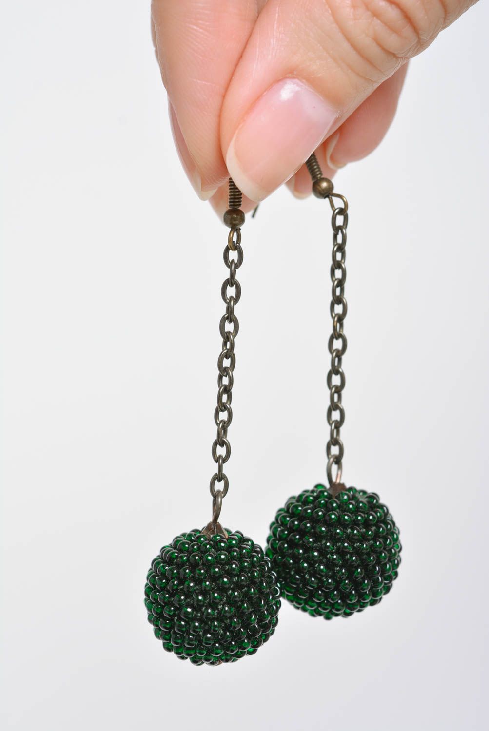 Unusual beautiful handmade designer green beaded earrings on chain photo 4