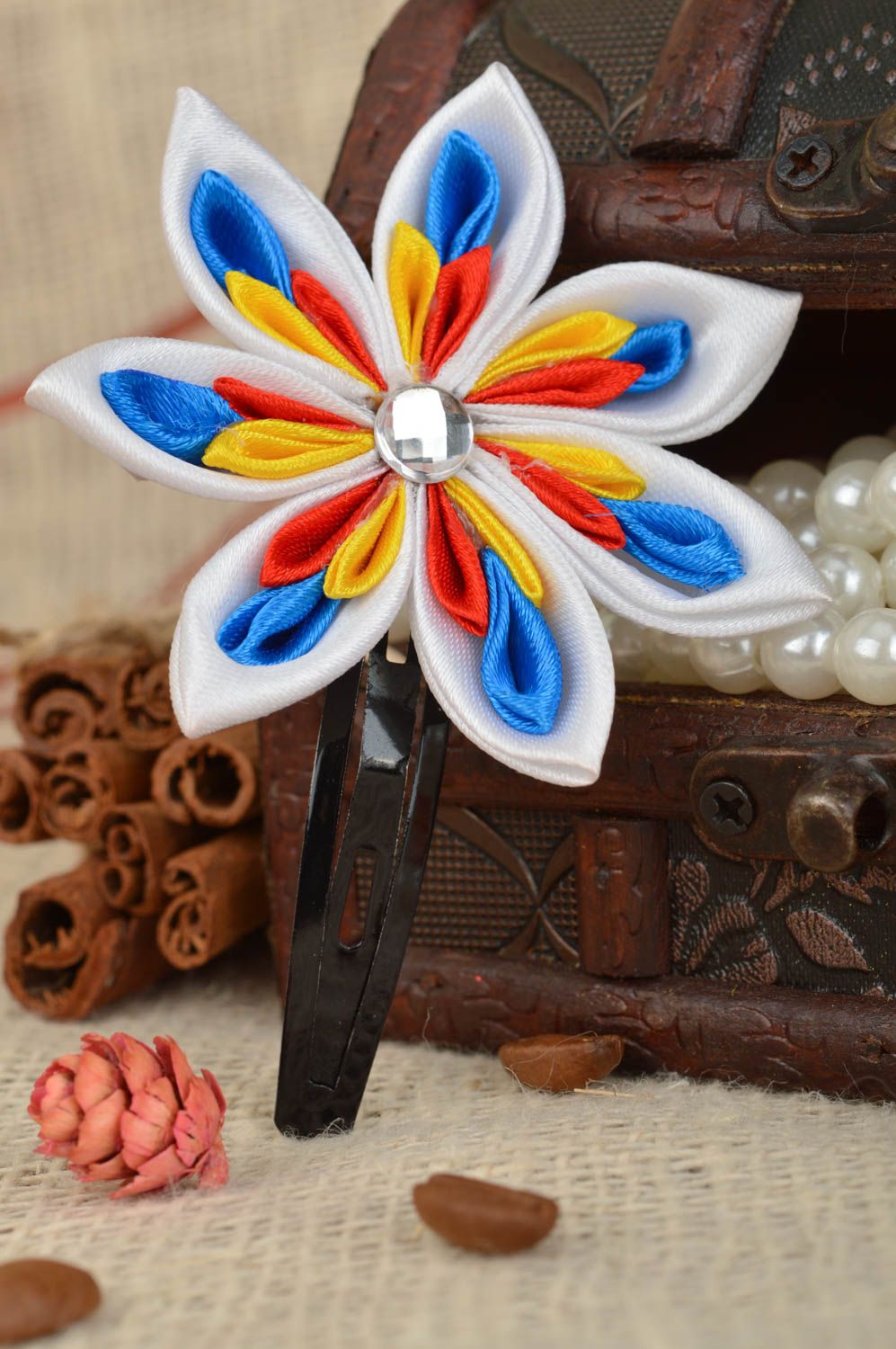 Handmade designer hair clip will large colorful fabric kanzashi flower photo 1