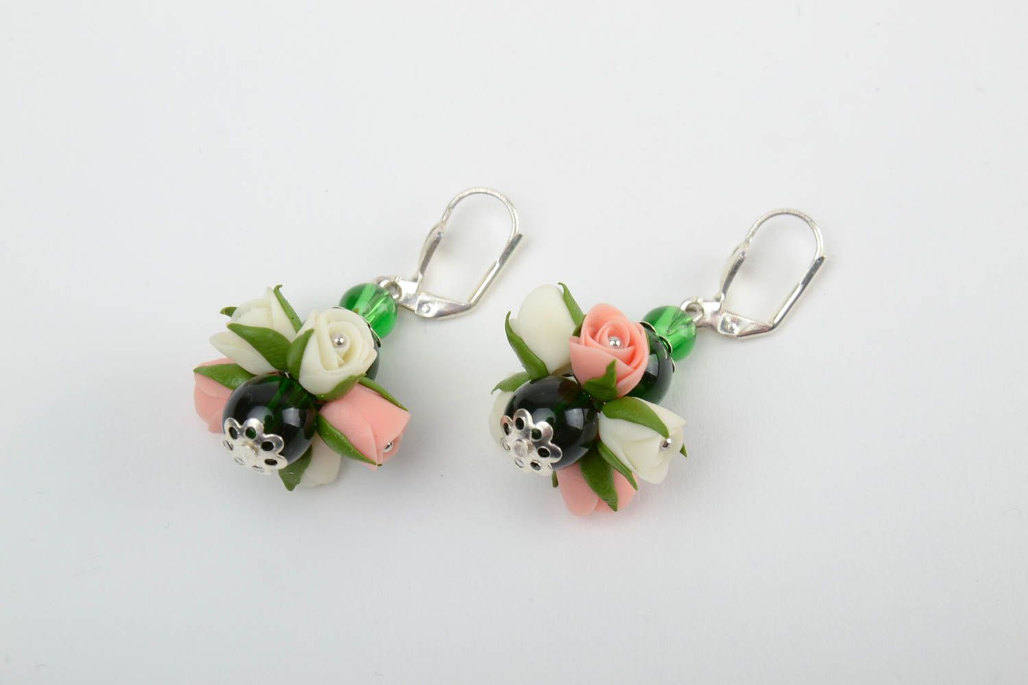 Handmade tender dangling earrings with cold porcelain white and pink rose flowers photo 3