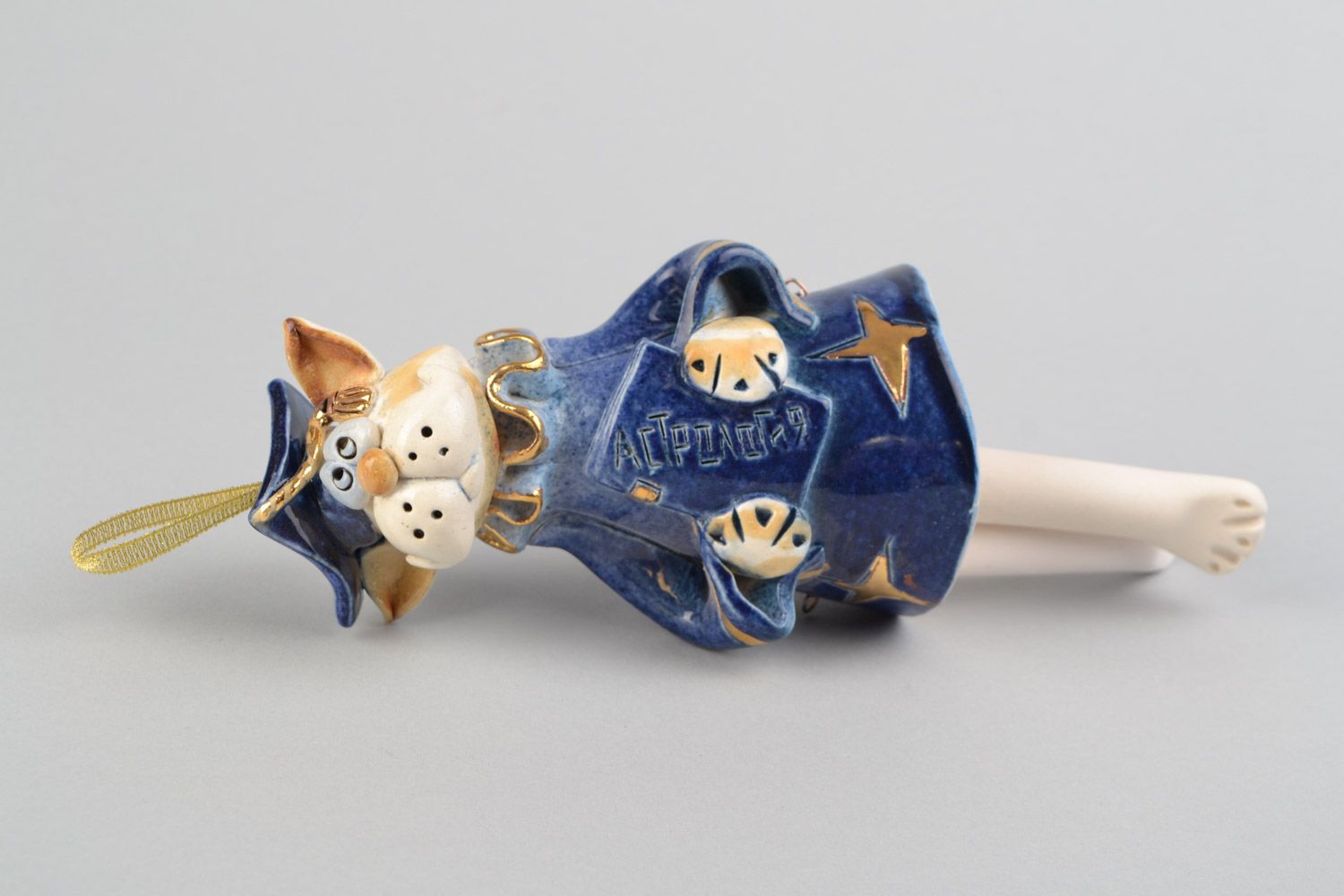 Campana de cerámica artesanal pintada con barniz con forma de gato astrólogo foto 3