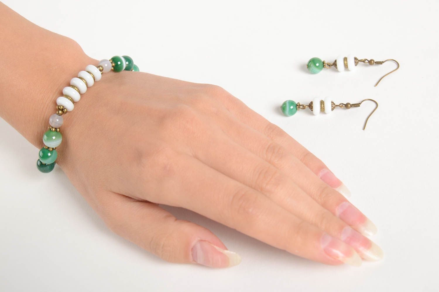 Украшения ручной работы женский браслет серьги из агата комплект аксессуаров фото 2