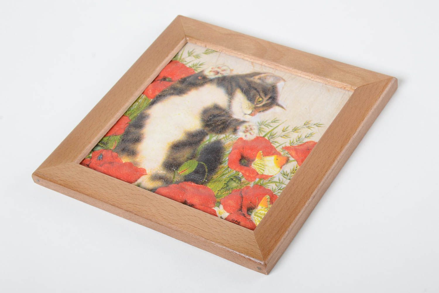 Petit Tableau carré en relief fait main chat et fleurs Décoration maison photo 2