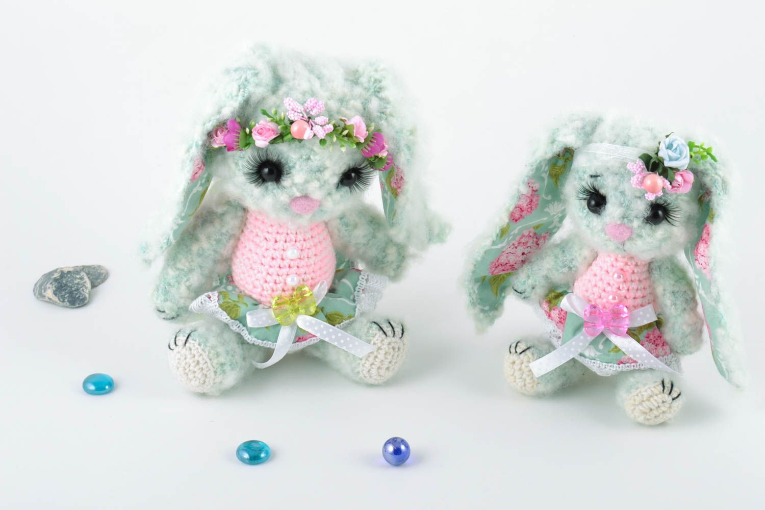 Soft handmade crocheted toy with woolen elements set of 2 toys Bunnies  photo 1