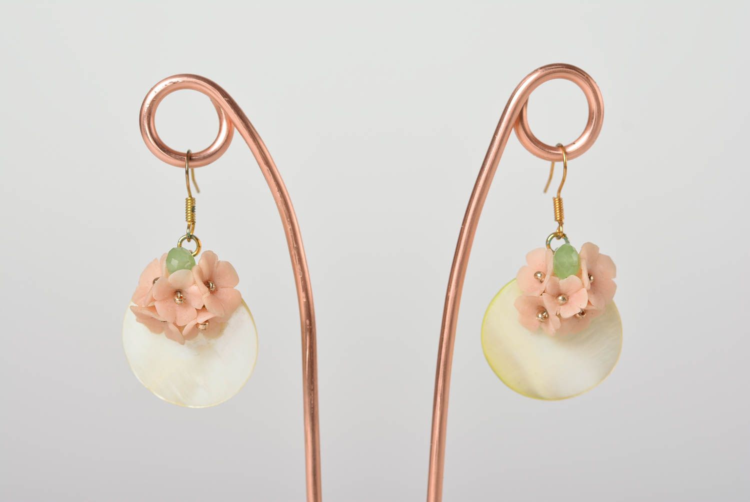 Handmade tender designer earrings with Japanese polymer clay pink small flowers photo 1