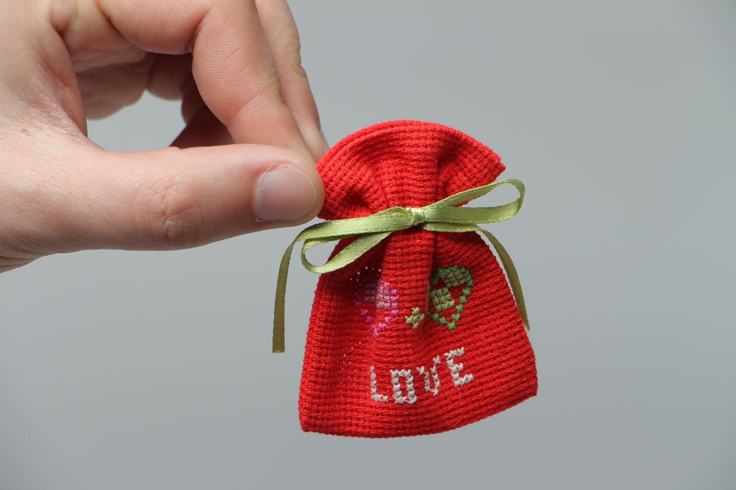 Handmade gift bag sewn of cross stitch canvas Love photo 4
