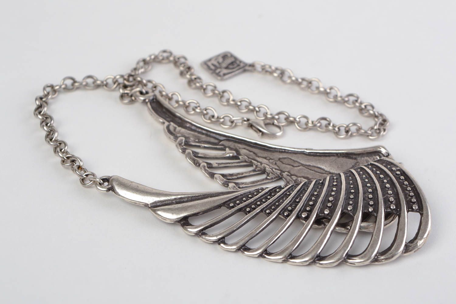 Unusual handmade metal lace necklace with wings of silvery color photo 5