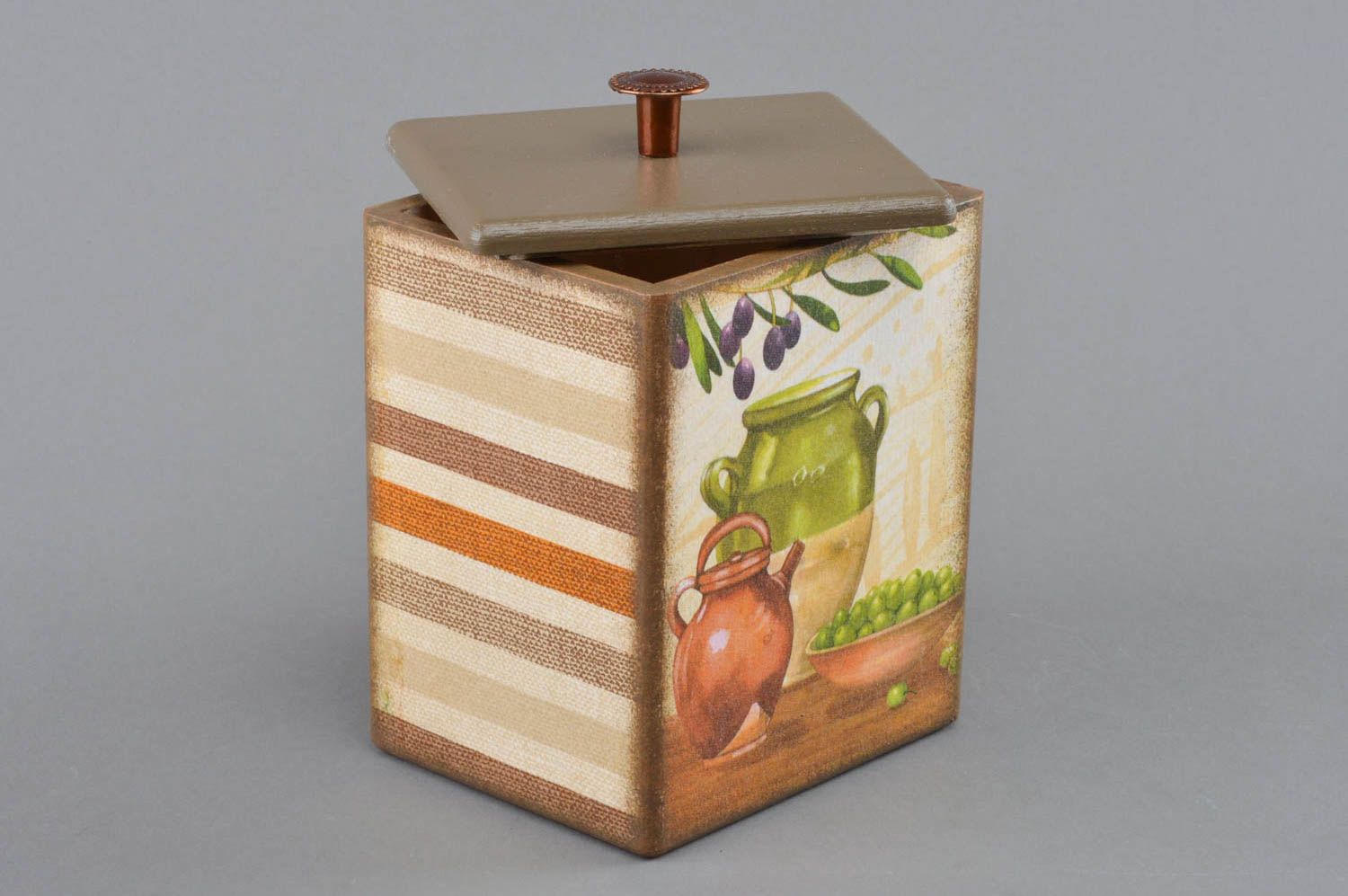 Handmade plywood rectangular cute decoupage box for dry goods with lid photo 1