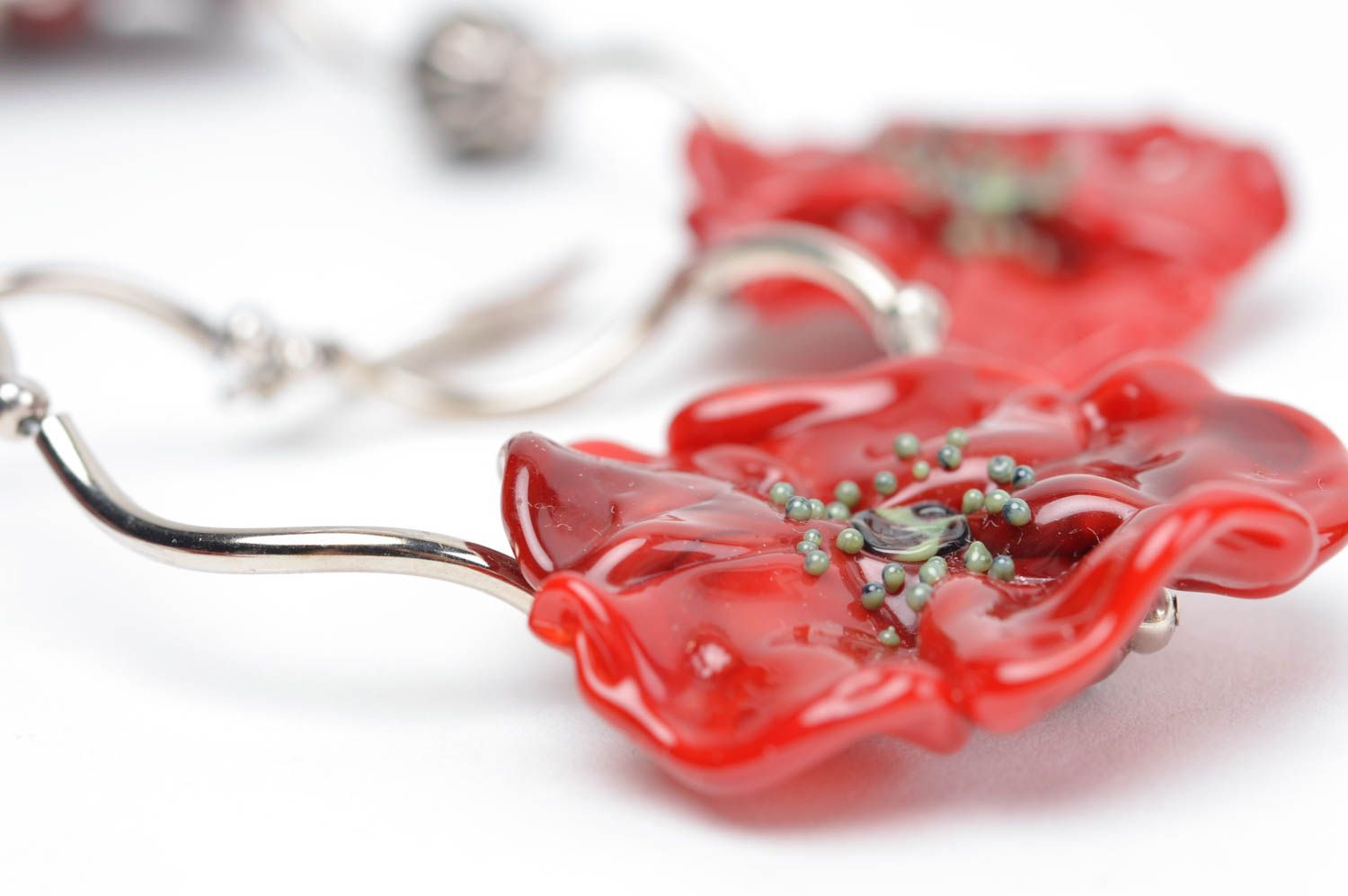 Bijoux fait main Collier en verre Boucles d'oreilles design fleurs rouges photo 5