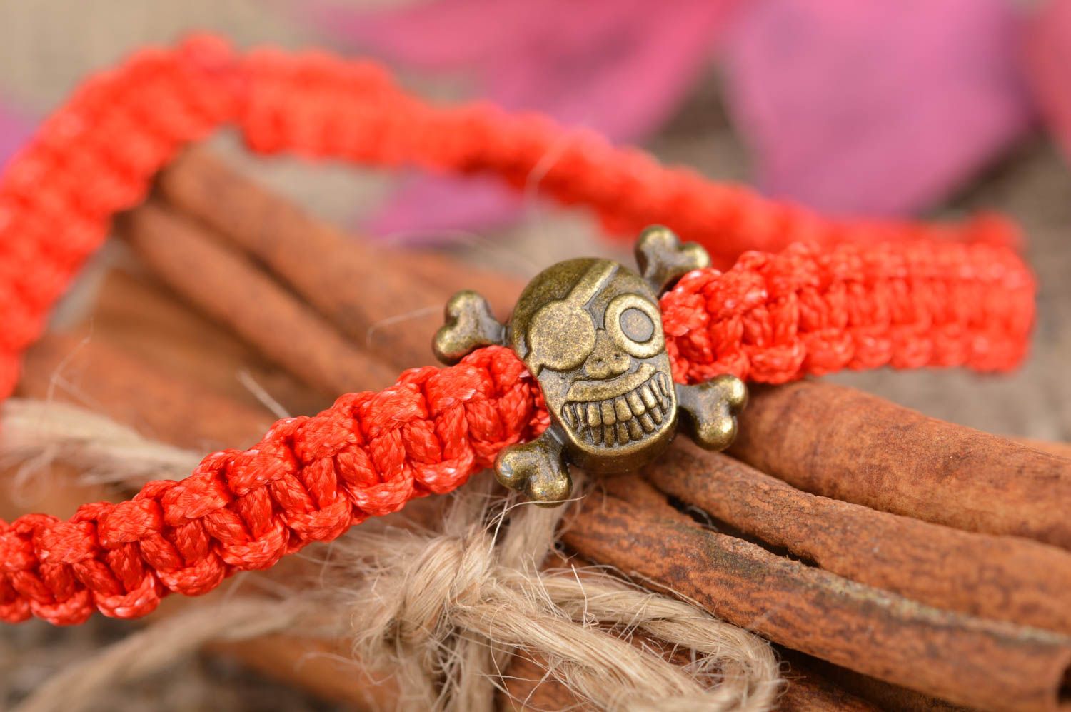Unusual beautiful handmade designer friendship bracelet woven of red threads  photo 1