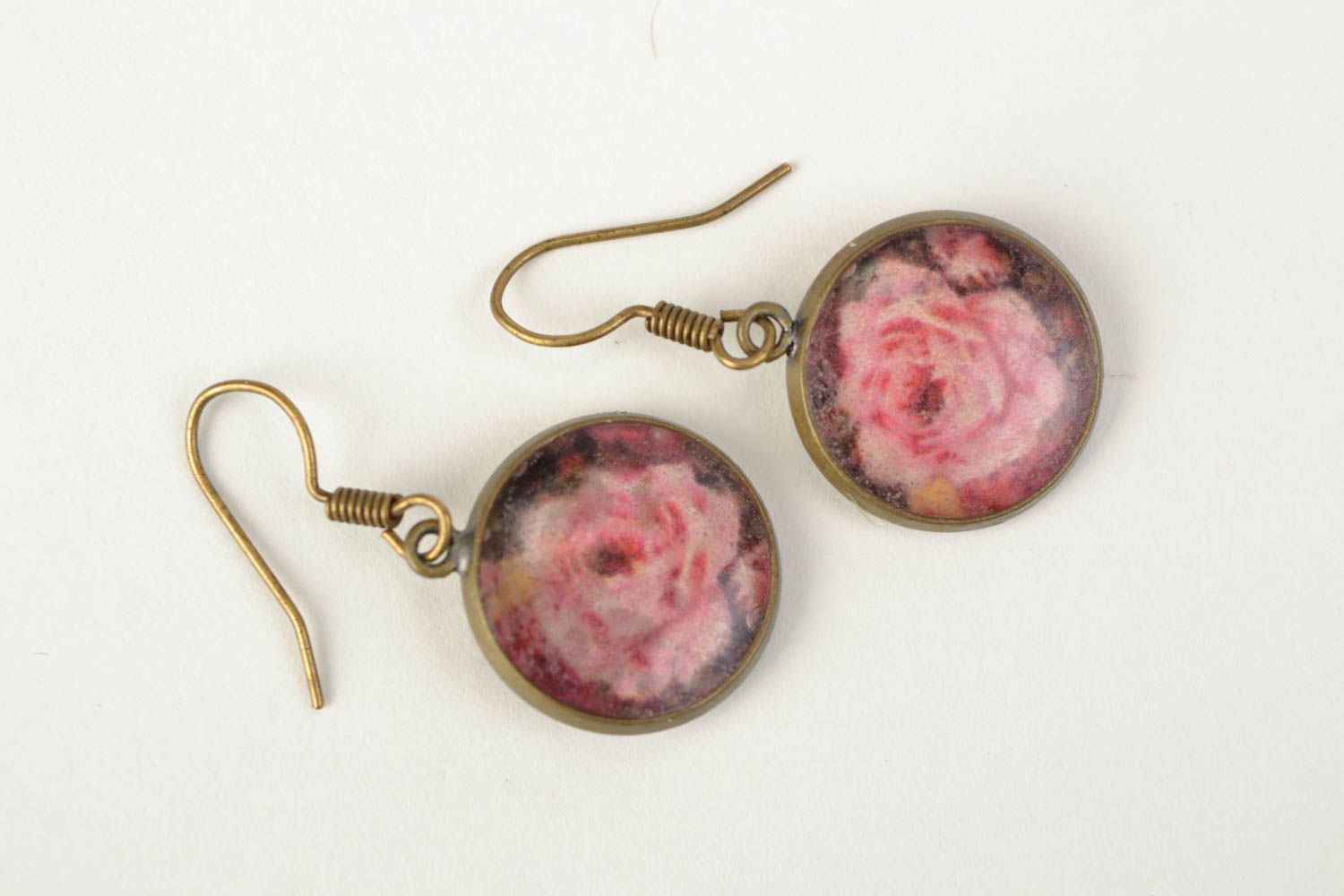 Handmade epoxy resin round earrings with decoupage roses for women photo 3