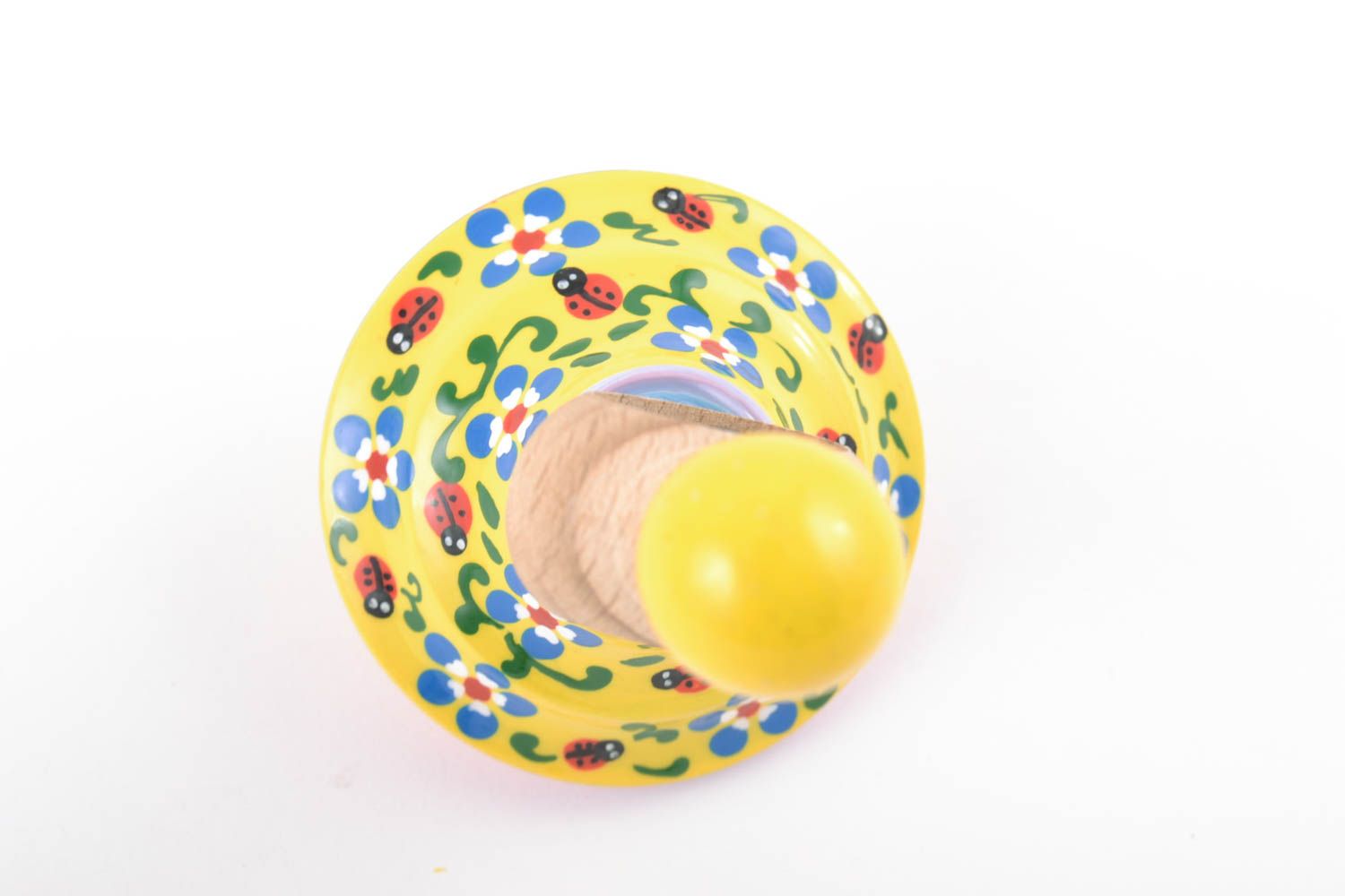 Beautiful painted wooden spinning top with ring and string eco toy for children photo 3