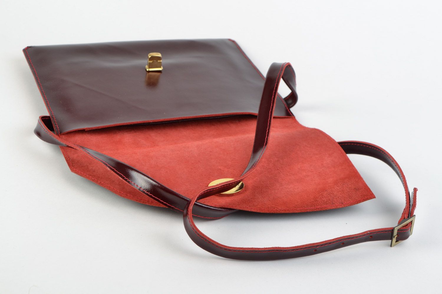 Handmade stylish genuine leather clutch bag of deep cherry color for women photo 5