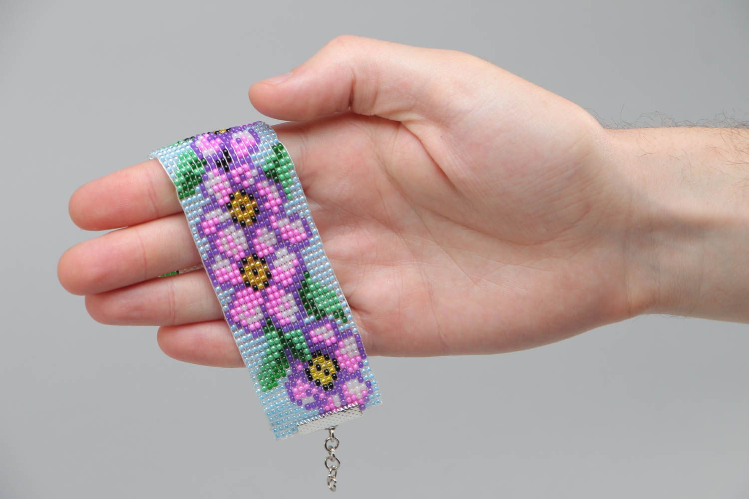 Bracelet en perles de rocaille fait main avec motifs floraux large pour femme photo 4
