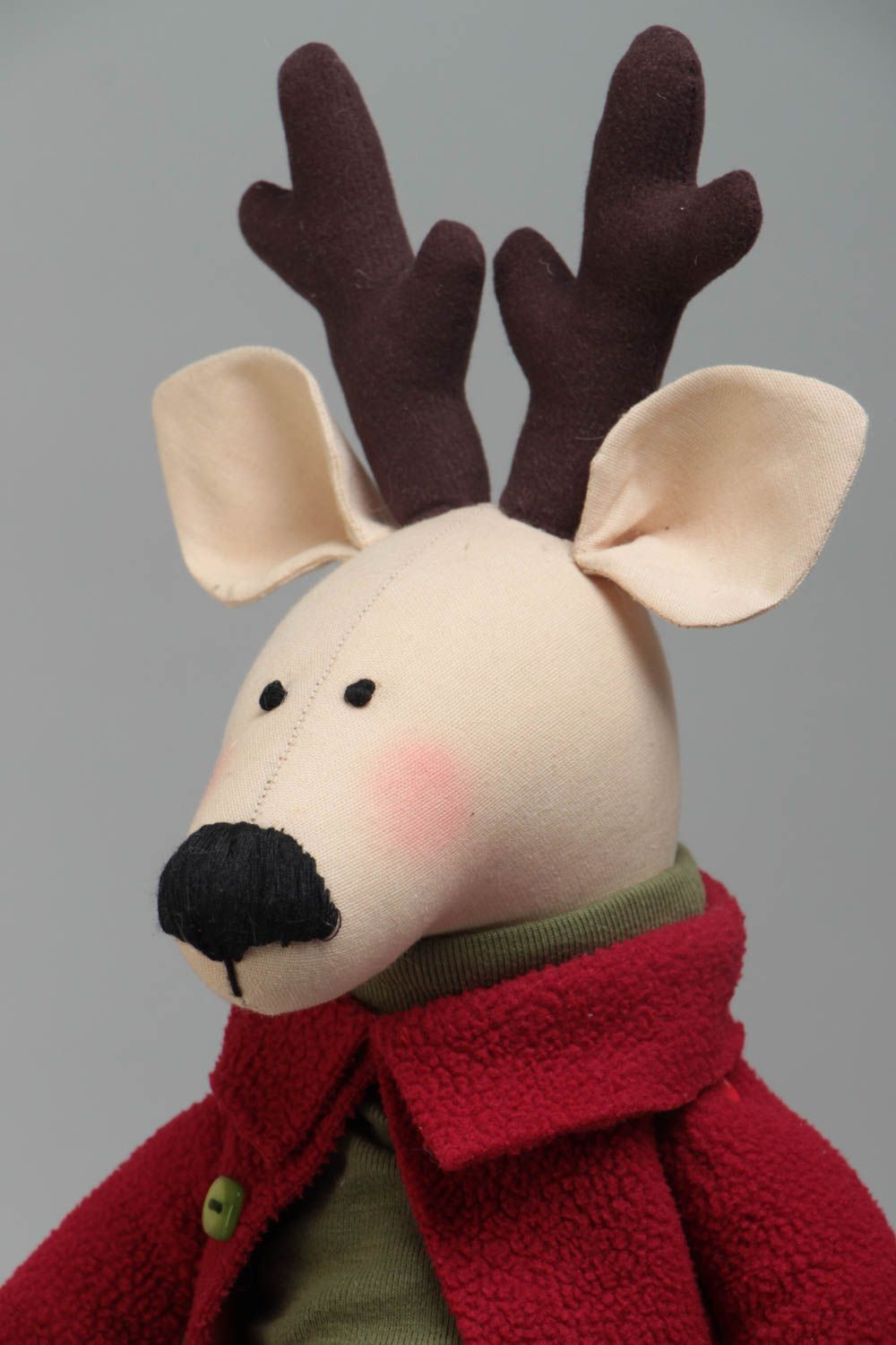 Handmade designer fabric soft toy Deer in red jacket for kids and interior decor photo 3