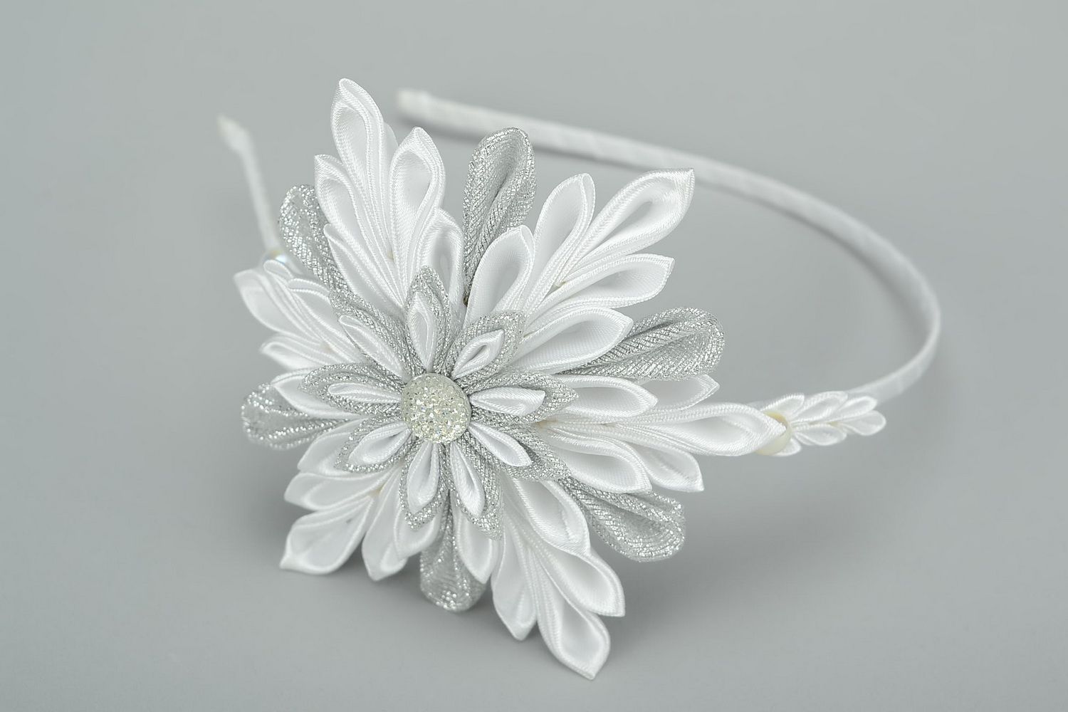 Headband, head wreath with satin flower Silvery flower photo 2