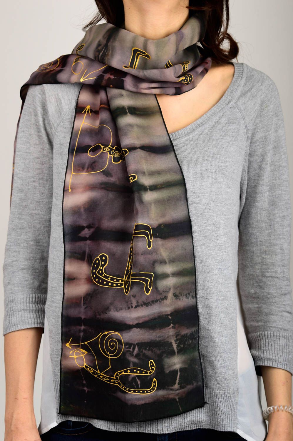 Elegant scarf handmade grey scarf women neck accessory designer painting photo 1