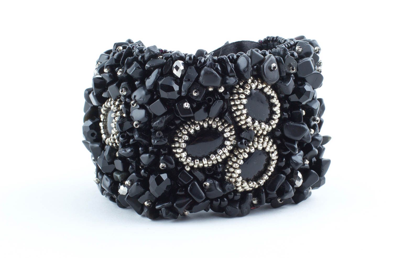 Bracelet noir Accessoire fait main large agate perles de rocaille Cadeau femme photo 4
