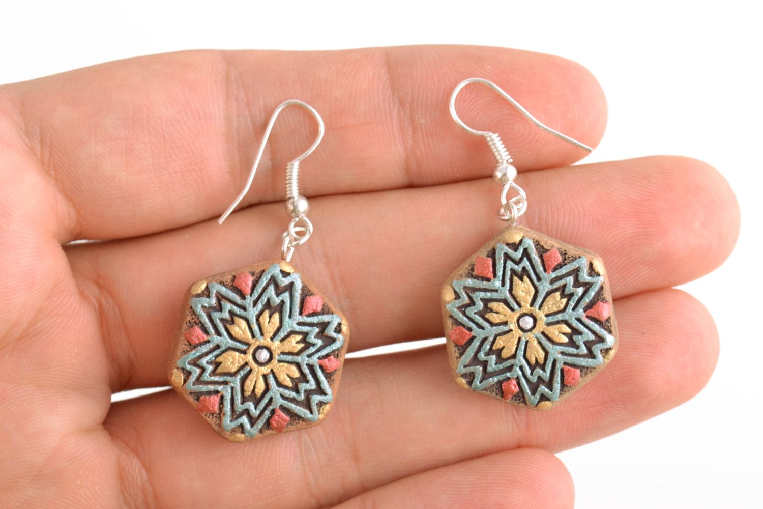 Handmade ceramic dangling earrings ornaments with acrylic paints in ethnic style photo 2
